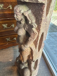 A large Indian red sandstone stupa pillar with a devata shown as a woman and lotus flowers, probably Matura region, ca. 2nd C. b.C - 2nd C.