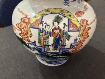 A Chinese wucai 'narrative subject' vase and cover, Wanli mark, 19th C.