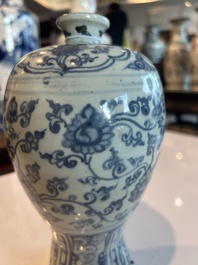 A Chinese blue and white 'lotus scroll' meiping vase, Ming