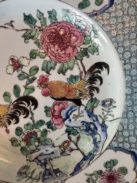 A Chinese famille rose 'roosters' plate, Yongzheng