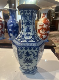 A Chinese blue and white hexagonal 'sanduo' vase, Qianlong mark and of the period