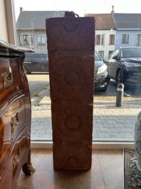 A large Indian red sandstone stupa pillar with a devata shown as a woman and lotus flowers, probably Matura region, ca. 2nd C. b.C - 2nd C.