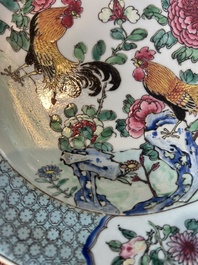 A Chinese famille rose 'roosters' plate, Yongzheng