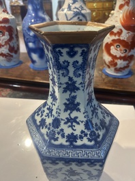 A Chinese blue and white hexagonal 'sanduo' vase, Qianlong mark and of the period