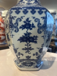 A Chinese blue and white hexagonal 'sanduo' vase, Qianlong mark and of the period