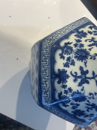 A Chinese blue and white hexagonal 'sanduo' vase, Qianlong mark and of the period