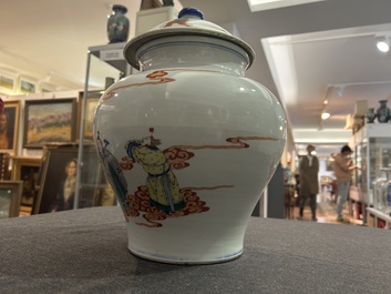 A Chinese wucai 'narrative subject' vase and cover, Wanli mark, 19th C.