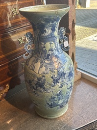 A large Chinese blue and white celadon-ground vase with a battle scene with immortals, 19th C.