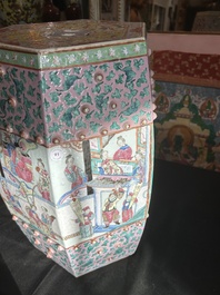 A hexagonal Chinese famille rose garden seat with figural design, 19th C.