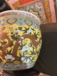 A Chinese famille rose Dayazhai style fish bowl with dragons among blossoming branches, 19th C.