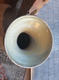 A large Chinese blue and white celadon-ground vase with a battle scene with immortals, 19th C.