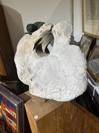 A large whale vertebra mounted on a wooden base, s.d.