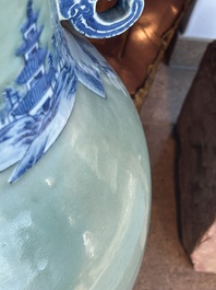 A large Chinese blue and white celadon-ground vase with a battle scene with immortals, 19th C.