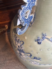 A large Chinese blue and white celadon-ground vase with a battle scene with immortals, 19th C.