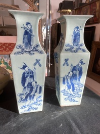 A pair of Chinese square blue and white celadon ground 'Eight Immortals' vases, 19th C.