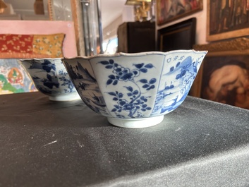 Een paar Chinese blauw-witte kommen met geanimeerde landschappen en floraal decor, Kangxi