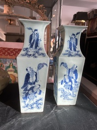 A pair of Chinese square blue and white celadon ground 'Eight Immortals' vases, 19th C.
