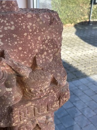 A large Indian red sandstone stupa pillar with a devata shown as a woman and lotus flowers, probably Matura region, ca. 2nd C. b.C - 2nd C.