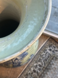 A large Chinese blue and white celadon-ground vase with a battle scene with immortals, 19th C.