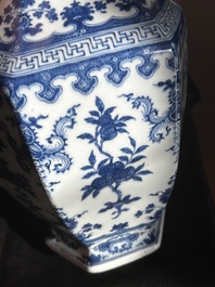 A Chinese blue and white hexagonal 'sanduo' vase, Qianlong mark and of the period