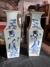 A pair of Chinese square blue and white celadon ground 'Eight Immortals' vases, 19th C.
