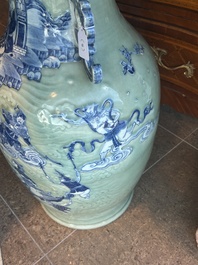 A large Chinese blue and white celadon-ground vase with a battle scene with immortals, 19th C.