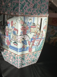 A hexagonal Chinese famille rose garden seat with figural design, 19th C.