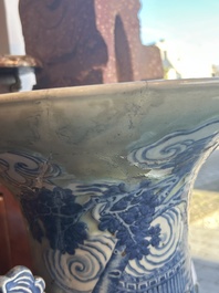 A large Chinese blue and white celadon-ground vase with a battle scene with immortals, 19th C.