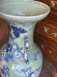 A large Chinese blue and white celadon-ground vase with a battle scene with immortals, 19th C.