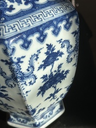 A Chinese blue and white hexagonal 'sanduo' vase, Qianlong mark and of the period