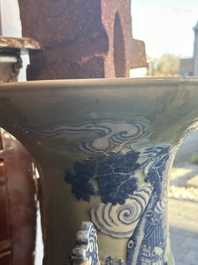A large Chinese blue and white celadon-ground vase with a battle scene with immortals, 19th C.