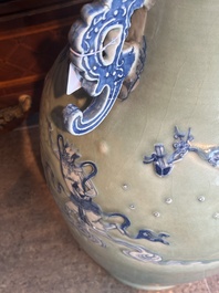 A large Chinese blue and white celadon-ground vase with a battle scene with immortals, 19th C.