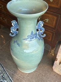 A large Chinese blue and white celadon-ground vase with a battle scene with immortals, 19th C.