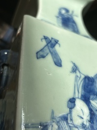 A pair of Chinese square blue and white celadon ground 'Eight Immortals' vases, 19th C.