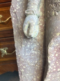 A large Indian red sandstone stupa pillar with a devata shown as a woman and lotus flowers, probably Matura region, ca. 2nd C. b.C - 2nd C.