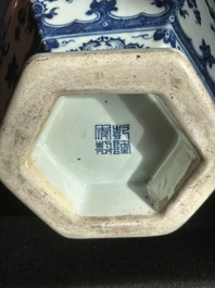 A Chinese blue and white hexagonal 'sanduo' vase, Qianlong mark and of the period