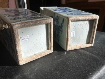 A pair of Chinese square blue and white celadon ground 'Eight Immortals' vases, 19th C.