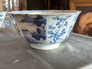 Een paar Chinese blauw-witte kommen met geanimeerde landschappen en floraal decor, Kangxi