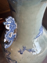 A large Chinese blue and white celadon-ground vase with a battle scene with immortals, 19th C.