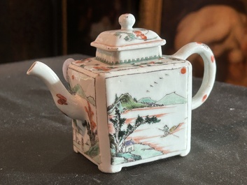 A rectangular Chinese famille verte teapot and cover, Kangxi