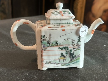 A rectangular Chinese famille verte teapot and cover, Kangxi