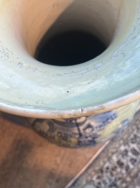 A large Chinese blue and white celadon-ground vase with a battle scene with immortals, 19th C.