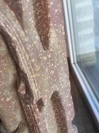 A large Indian red sandstone stupa pillar with a devata shown as a woman and lotus flowers, probably Matura region, ca. 2nd C. b.C - 2nd C.