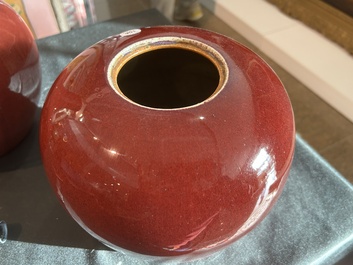 A Chinese monochrome oxblood-glazed bottle vase and a jar and cover, 19th C.