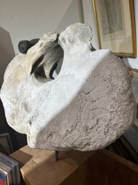 A large whale vertebra mounted on a wooden base, s.d.