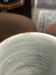 An exceptional pair of Chinese famille rose yellow sgraffito-ground bottle vases with applied design of antiquities, 19th C.