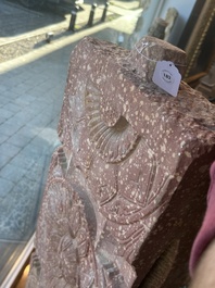 A large Indian red sandstone stupa pillar with a devata shown as a woman and lotus flowers, probably Matura region, ca. 2nd C. b.C - 2nd C.