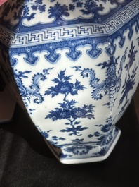 A Chinese blue and white hexagonal 'sanduo' vase, Qianlong mark and of the period