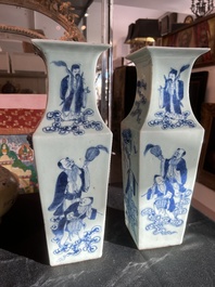 A pair of Chinese square blue and white celadon ground 'Eight Immortals' vases, 19th C.