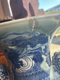 A large Chinese blue and white celadon-ground vase with a battle scene with immortals, 19th C.